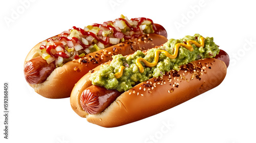 Two delicious hot dogs topped with assorted condiments and isolated on white isolated on transparent background