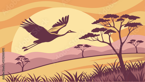 Vector african landscape illustration with flying crane bird at sunset savanna wildlife scene 100