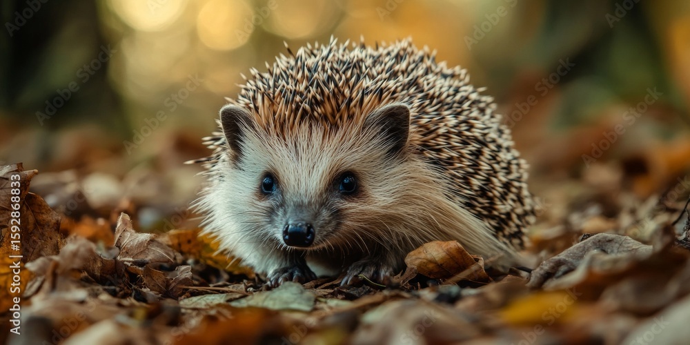 Fototapeta premium Close-up of a hedgehog with spiky fur surrounded by autumn leaves, highlighting the natural beauty and charm of this small wildlife species.