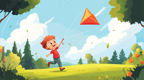Joyful boy flying kite in scenic landscape