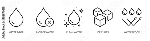 Water line icon set. Water drop, lack of water, clean water, ice cubes, waterproof sign. Vector illustration. Editable stroke. Flat design. Isolated on a white background.
