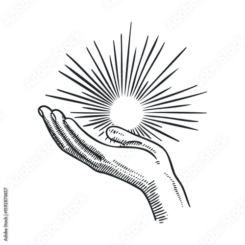 Hand holding sun rays with glowing light particles
