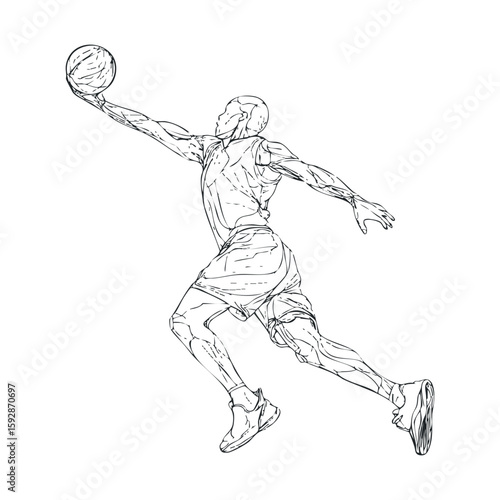 Dynamic basketball player performing a slam dunk in motion