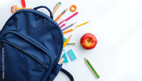 A blue backpack lies on a white surface surrounded by colorful pencils, pens, and a red apple, offering a fresh start for education and learning.