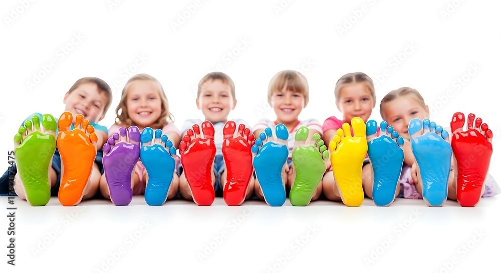Colorful Footprints: Children's Fun and Creativity with Vibrant Paints, Playful Kids Showcasing Their Painted Feet in a Rainbow of Colors Colorful Footprints: Children's Fun and Creativity with Vibrant Paints, Playful Kids Showcasing Their Painted Feet in a Rainbow of Colors
