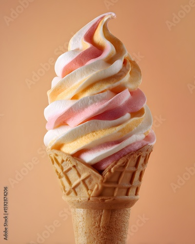 A close up of a swirled ice cream cone with pink yellow and white on a peach colored background