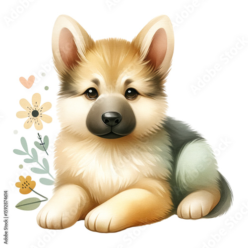 Corgi Puppy and Floral: A charming corgi puppy with floppy ears lies amidst delicate floral arrangements, evoking feelings of pure joy and the innocence of youth.