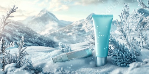 A collection of skincare products set in a picturesque snow-covered landscape, evoking the feeling of winter holidays and traveling to mountainous destinations.