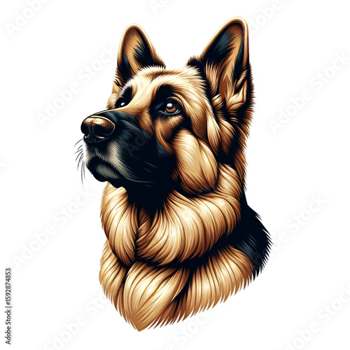 Majestic German Shepherd: A detailed depiction of a German Shepherd dog's portrait, embodying the breed's intelligence and noble essence in a high-quality illustration.