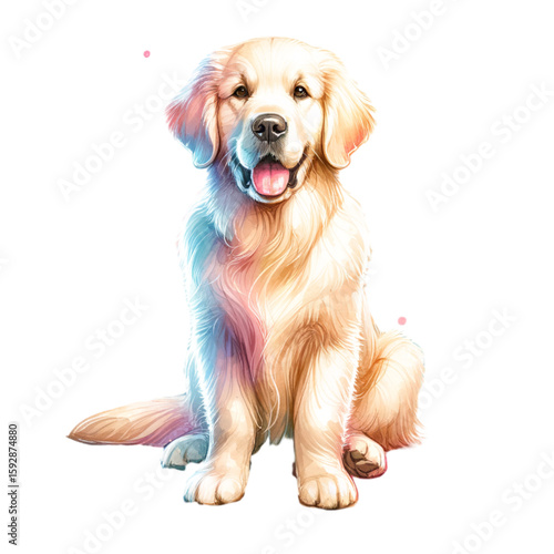 Golden Retriever Portrait: A charming golden retriever sits gracefully, radiating warmth and friendliness, embodying the essence of canine companionship in an artistic digital rendering.