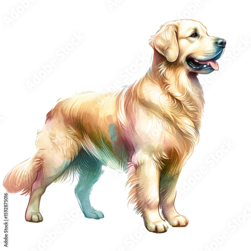Golden Retriever Portrait: A friendly golden retriever is looking happy and playful in a bright, artistic display of canine elegance and charm.