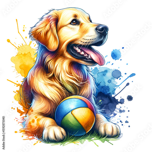 Golden Retriever with Colorful Ball: An eye-catching artwork showcases a cheerful golden retriever with a vibrant ball against an artistic background.