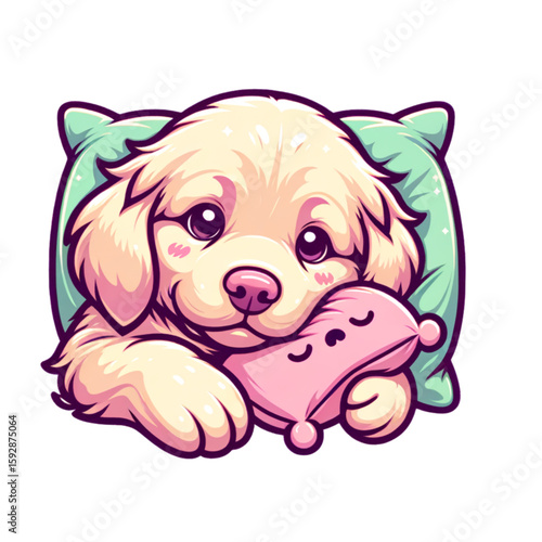 Cuddle Pup's Dreamland: A sweet cartoon puppy nestles with a plush pillow on a fluffy green pillow, dreaming of playful days and happy cuddles.