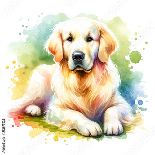 Golden Retriever Watercolor Portrait: A serene and lovely golden retriever is the heart of this expressive, watercolor-style artwork, surrounded by splashes of vibrant color