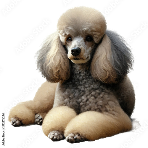 Elegant Poodle's Graceful Pose: A studio shot captures a refined poodle with its distinctive fur, exuding poise and elegance, and sitting against backdrop. 
