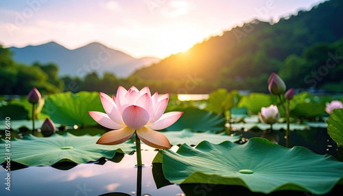 Peaceful lotus flower in a serene lake at sunrise