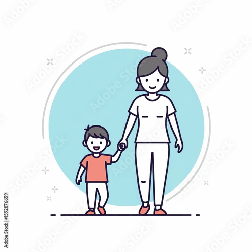 A mother and child holding hands, walking together, simple line art illustration.