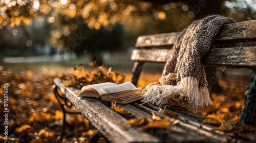 Wallpaper Mural Cozy autumn scene with open book and scarf on park bench amidst fallen leaves Torontodigital.ca