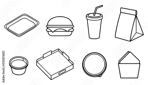 Fast food icons burger drink tray container packaging straw