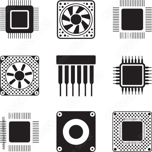  Computer Chip and Cooling System Icons Set