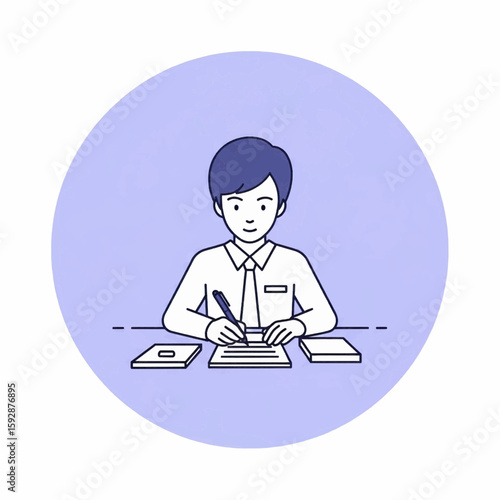 A person in a business setting, seated and writing with a pen.