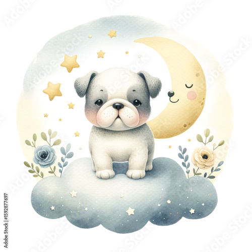 Dreamy Puppy's Lunar Serenade: A charming puppy sits serenely atop a fluffy cloud beneath a whimsical crescent moon, surrounded by twinkling stars and delicate floral accents.