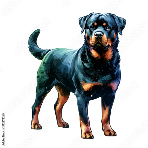 Loyal Companion: A majestic Rottweiler exudes strength and loyalty, its dark coat and alert gaze conveying both power and affection. 