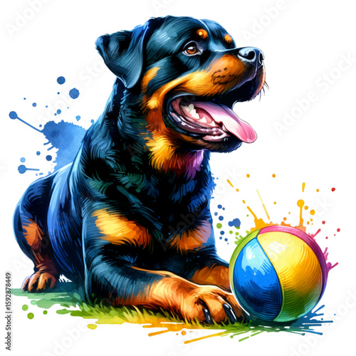 Cheerful Rottweiler Dog: A charming and energetic Rottweiler dog is caught in a moment of joy with a colorful ball. The dog has a friendly and expressive face, with a tongue out.