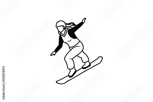 Female snowboarder riding down the slope in winter simple black and white silhouette