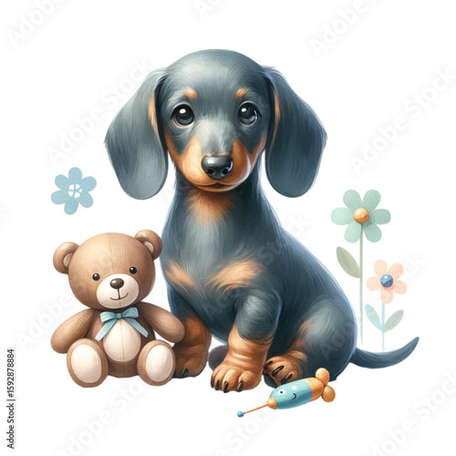 Dachshund Puppy and Teddy Bear: A cute dachshund puppy sits with a teddy bear surrounded by whimsical flowers, a charming illustration depicting a tender scene of friendship and affection.