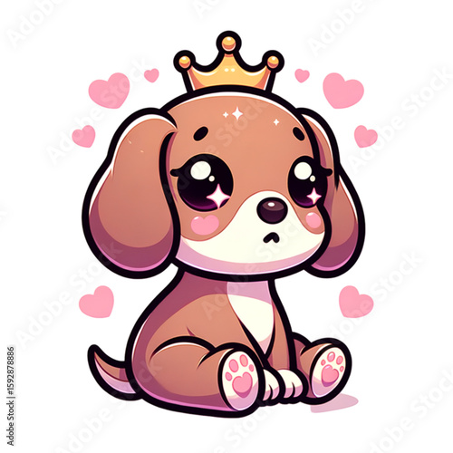 Puppy Princess in Love: A heartwarming illustration showcases a charming puppy, adorned with a golden crown and surrounded by hearts, embodying innocence and affection.