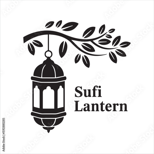 Sufi lantern hanging from a branch with leaves