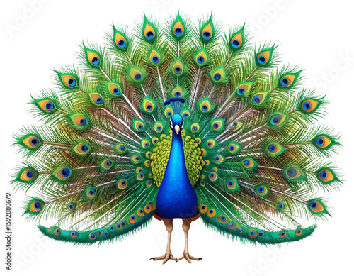 A peacock displaying its vibrant and colorful plumage with iridescent eyespots on its feathers