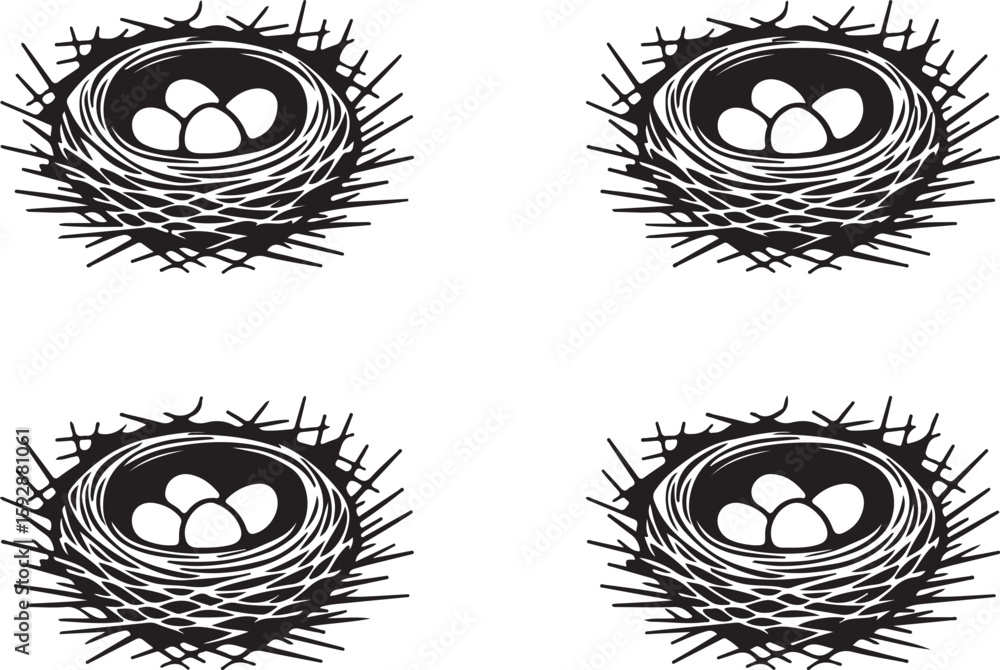 Obraz premium Bird Nests with Eggs - Black and White Illustration Set