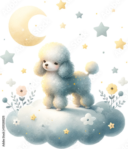 Dreamy Poodle's Nighttime Reverie: An adorable cartoon poodle perched on a whimsical cloud, gazing at a gentle crescent moon and a constellation of twinkling stars in a serene, storybook scene.