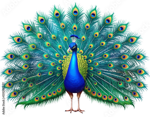 Illustration of a peacock with vibrant blue body and a full display of its colorful tail feathers
