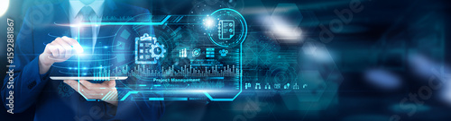 PMO Lead - Scrum Master using tablet analyzing Project Management sprint burndowns and resource allocation heatmaps, milestone variance alerts. Agile performance dashboards.