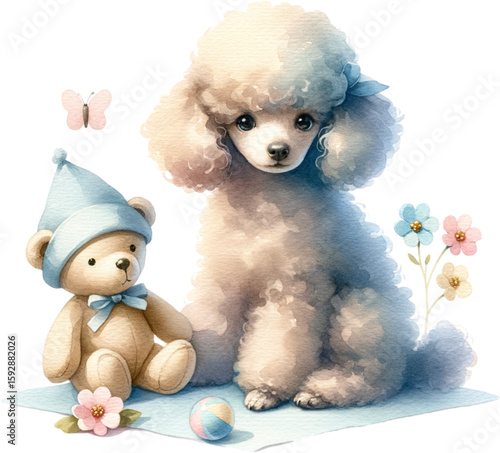 Playful Poodle and Teddy Bear: A charming poodle and a cuddly teddy bear create a scene of pure affection, set amidst soft, pastel hues. 