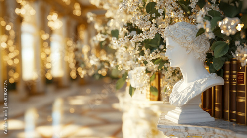 bridgerton theme set in an opulent library salon with leather-bound books