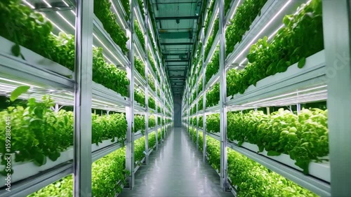A futuristic view inside a vertical farm, with rows of green crops under LED lights.
