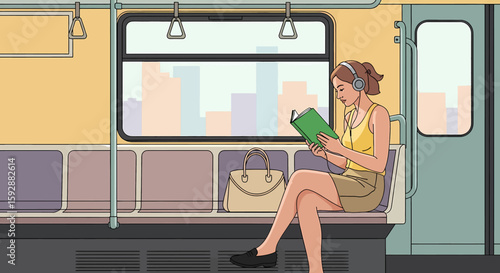Adobe illustrator vector flat style illustration of a woman reading a book while sitting on a train or subway