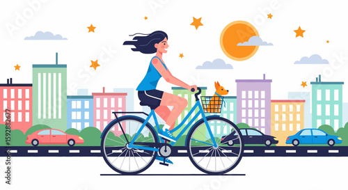 Adobe illustrator vector flat style illustration of a woman riding a bicycle with a dog in the basket through a city