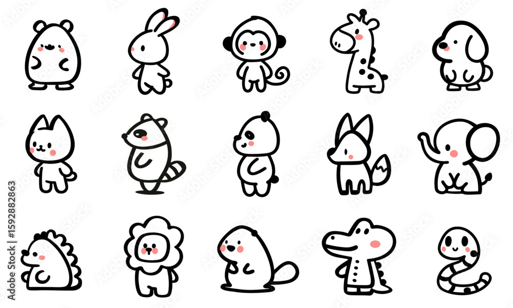 Obraz premium Doodle style Icons set of cute animals in simple minimalistic design