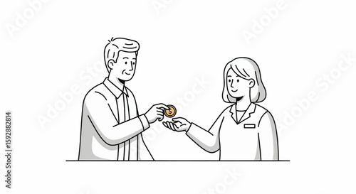 Handing over a coin, a simple act of commerce or kindness depicted in a minimalistic monochrome illustration