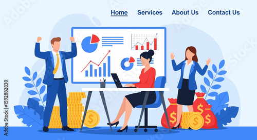 Adobe illustrator vector flat style illustration of landing page of business success with a triumphant team, growth charts, and money stacks