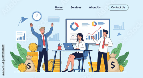 Adobe illustrator vector flat style illustration of landing page of business success with a triumphant team, growth charts, and money stacks