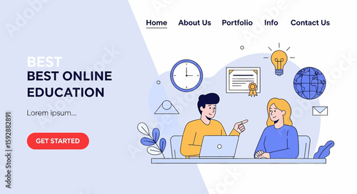 Adobe illustrator vector flat style illustration of landing page website of online education with students, laptop, and learning icons