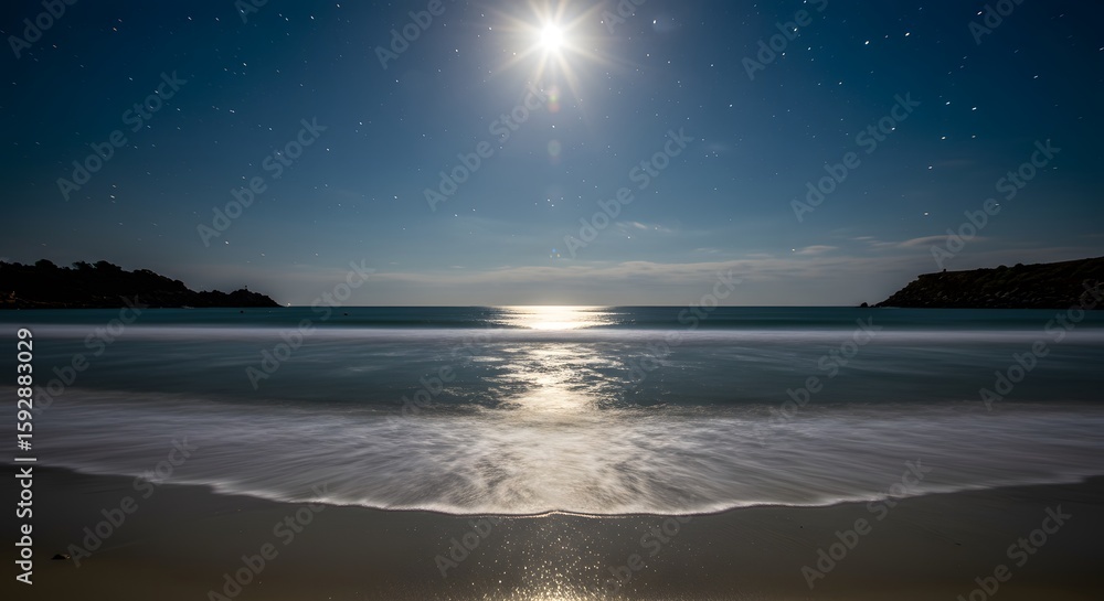 Fototapeta premium Tranquil Moonlit Beach at Night with Starry Sky and Reflecting Ocean. Ethereal Coastal Seascape with Gentle Waves on Sand.