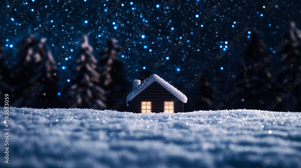 Naklejka premium Cozy snow-covered cottage nestled in a serene winter night landscape