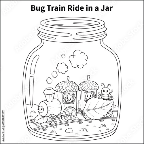 Bugs are riding a tiny train made of acorns and twigs along a leaf track. Add puffs of dust like steam and waving bug passengers.